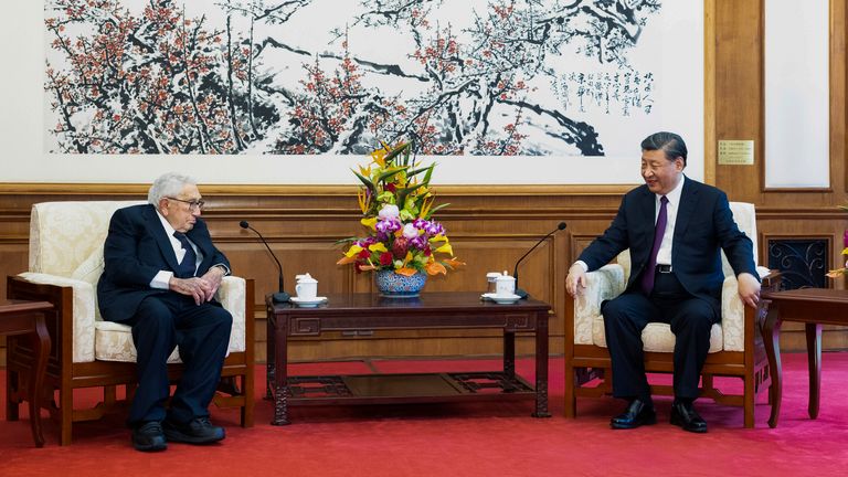 Henry Kissinger meeting President Xi Jinping in Beijing earlier this year. Pic: AP