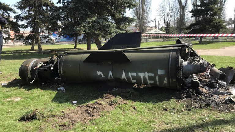 Remains of a missile are seen near a rail station, amid Russia&#39;s invasion of Ukraine, in Kramatorsk, Ukraine April 8, 2022. The writing reads: "Because of children". REUTERS/Stringer
