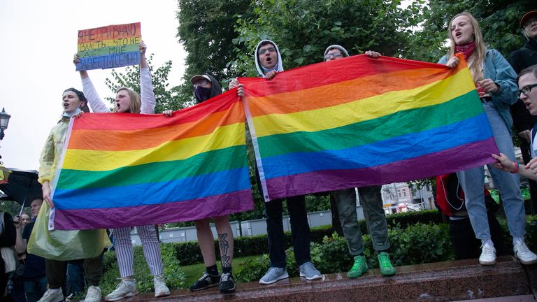 LGBT activists wave their flags during a rally in Moscow. File pic by AP