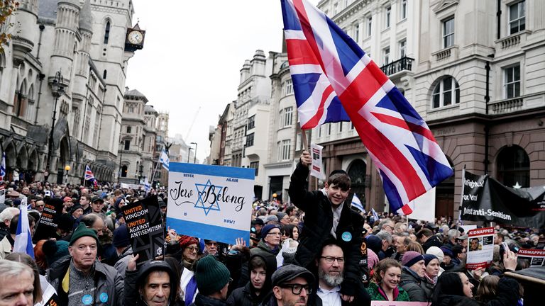 People take part in a march against antisemitism  at the Royal Courts of Justice in London. Pic: PA