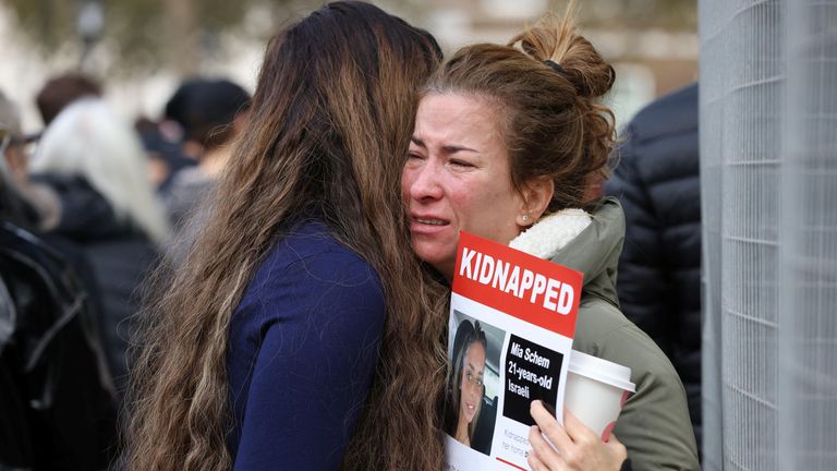 A demonstrator cries at a protest in support of Israel and the hostages kidnapped by the Palestinian Islamist group Hamas in the October 7 attack on Israel, outside Downing Street in London, Britain, November 7, 2023. REUTERS/Hollie Adams
