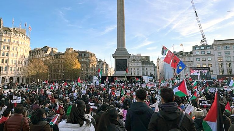 People take part in the National March for Palestine, organised by the Palestine Solidarity Campaign, in Trafalgar Square, central London to call for a ceasefire in the conflict between Israel and Hamas. Picture date: Saturday November 25, 2023.
