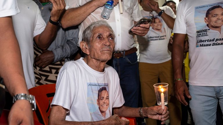 Alfonso Diaz, grandfather of Colombian soccer player Luis Diaz, attends a vigil for the release of his son, Luis Manuel Diaz, in Barrancas, Colombia 
Pic:AP