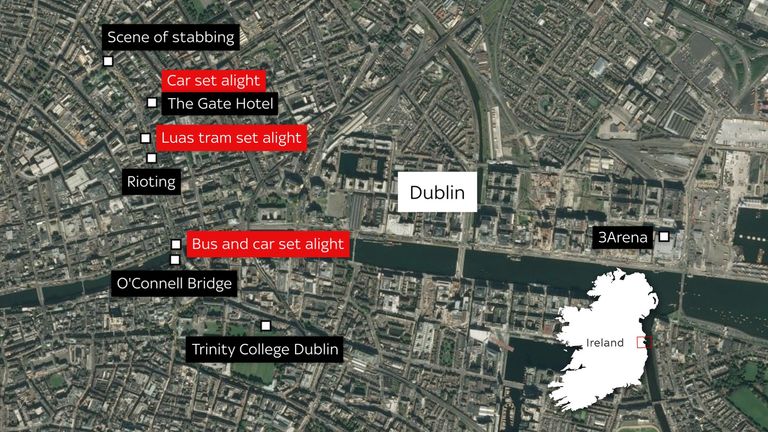 A map of where the knife attack and rioting took place on Thursday.