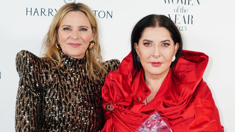 Marina Abramovic with the Artist of the Year award, presented by Kim Cattrall (left), at the Harper&#39;s Bazaar Women of the Year 2023 awards at Claridges, London. Picture date: Tuesday November 7, 2023. PA Photo. Photo credit should read: Ian West/PA Wire 