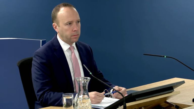 Screen grab from the UK Covid-19 Inquiry Live Stream of former health secretary Matt Hancock giving evidence at Dorland House in London, during its second investigation (Module 2) exploring core UK decision-making and political governance. Issue date: Thursday November 30, 2023.