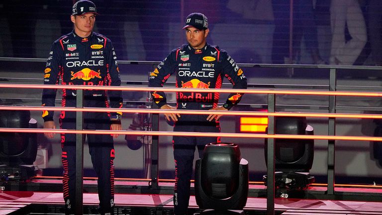 November 15th, 2023, Las Vegas Street Circuit, Las Vegas, FORMULA 1 HEINEKEN SILVER LAS VEGAS GRAND PRIX 2023, in the picture The spectacular opening ceremony of the Las Vegas Grand Prix with the introduction of the drivers, here Max Verstappen (NLD), Oracle Red Bull Racing and Sergio Perez (MEX), Oracle Red Bull Racing. Photo by: Hasan Bratic/picture-alliance/dpa/AP Images