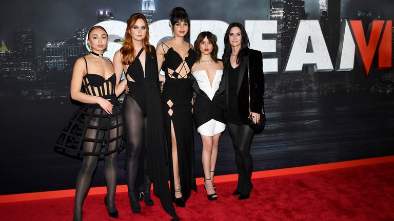 (L-R) Devyn Nekoda, Liana Liberato, Barrera, Jenna Ortega and Courteney Cox at the world premiere of Scream VI in New York on 6 March 2023. Pic: AP