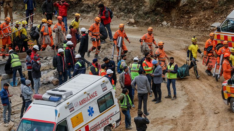 Members of the team from the National Disaster Response Force (NDRF) prepare to enter a tunnel to rescue trapped workers, after the tunnel collapsed, in Uttarkashi in the northern state of Uttarakhand, India, November 28, 2023. REUTERS/Francis Mascarenhas
