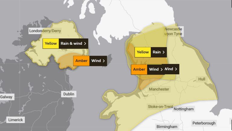 The Met Office&#39;s weather warnings for Storm Debi on Monday