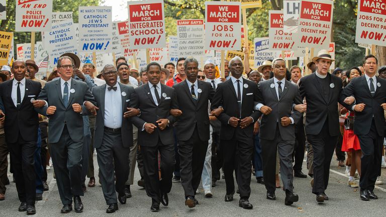Rustin. (L to R) Michael Potts as Cleve Robinson, Aml Ameen as Martin Luther King Jr., Chris Rock as NAACP Exec. Dir. Roy Wilkins, Glynn Turman as A. Philip Randolph and Kevin Mambo as Whitney Young in Rustin. Cr. David Lee/Netflix .. 2023