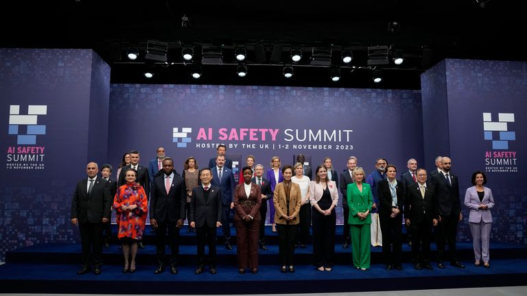 Michelle Donelan, Secretary of State for Science, Innovation and Technology, 6th right front row, with Digital Ministers who are attending the AI Saftey Summit in Bletchley Park
Pic:AP