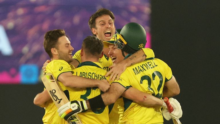 Australia players celebrate after winning the Cricket World Cup
