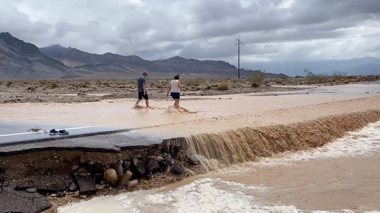 A view shows the monsoonal rain flooded in Death Valley National Park, California, U.S., August 5, 2022 in this screengrab obtained from a video. Courtesy of John Sirlin/via REUTERS THIS IMAGE HAS BEEN SUPPLIED BY A THIRD PARTY. MANDATORY CREDIT