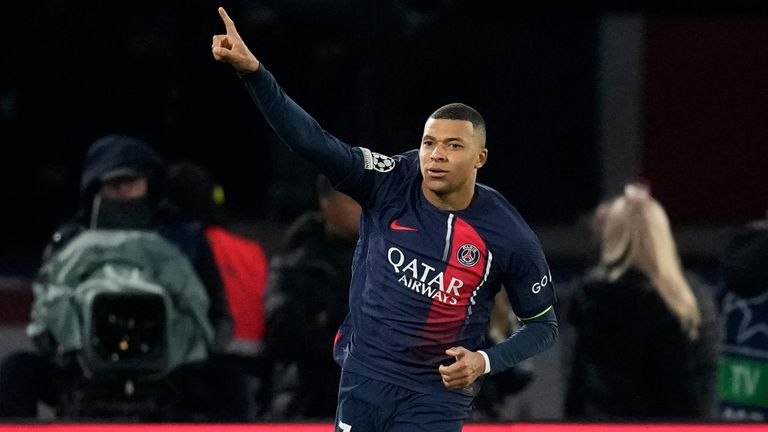 Kylian Mbappe celebrates after scoring a penalty against Newcastle United. Pic: AP