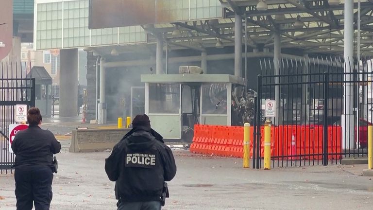 The scene after an incident at the Rainbow Bridge US border crossing with Canada in Niagara Falls