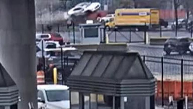 Security camera footage released by US Customs and Border Protection (CBP) shows a white car flying through the air at the Rainbow Bridge border crossing in Niagara Falls, New York, on Wednesday, November 22.

