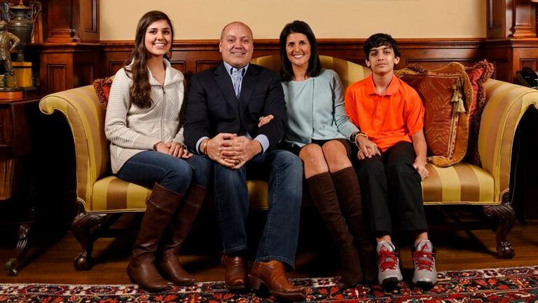 Nikki Haley husband Michael, daughter Rena, and son Nalin in 2015. Pic: AP