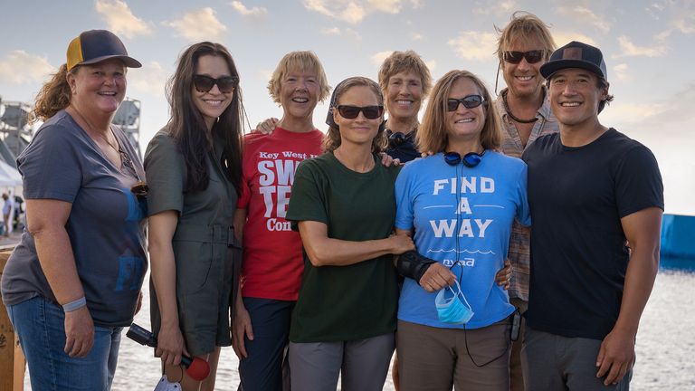 NYAD. (L-R) Karly Rothenberg as Dee, director Elizabeth Chai Vasarhelyi, Annette Bening as Diana Nyad, Jodie Foster as Bonnie Stoll, Diana Nyad, Bonnie Stoll, Rhys Ifans as John Bartlett and director Jimmy Chin on the set of NYAD. Cr. Kimberley French/Netflix ..2023