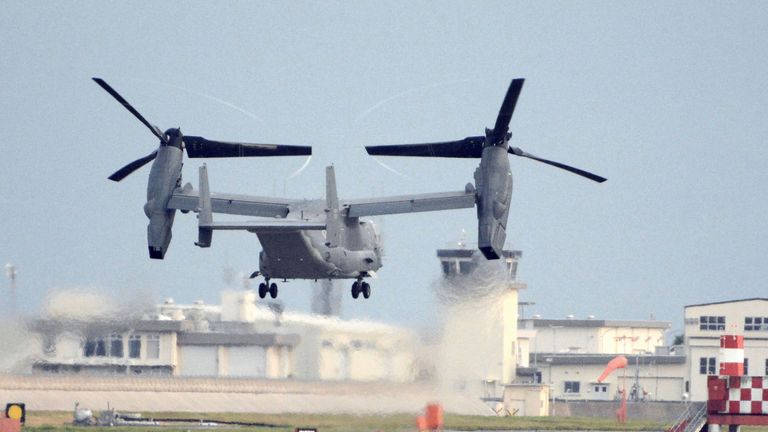 A US CV-22 Osprey takes off from Iwakuni base, western Japan, on 4 July, 2018. Pic: AP