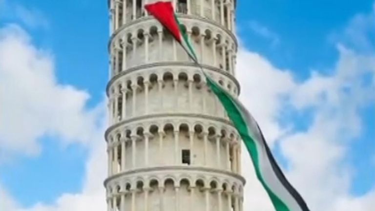 LEANING TOWER OF PISA PALESTINE FLAG ISRAEL GAZA DEMONSTRATION