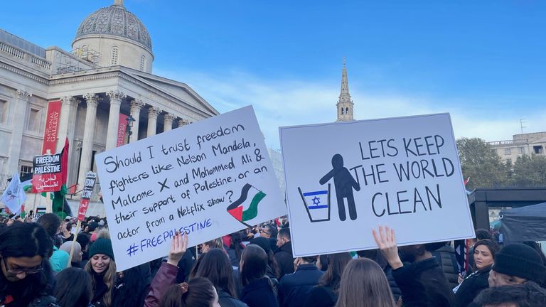 An anti-Israeli sign is held up at a rally in Trafalgar Square, London, during Stop the War coalition's call for a Palestine ceasefire. Picture date: Saturday November 4, 2023.
