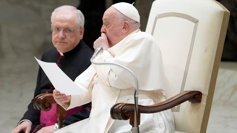 Pope Francis coughed as he spoke to the public. Pic: AP