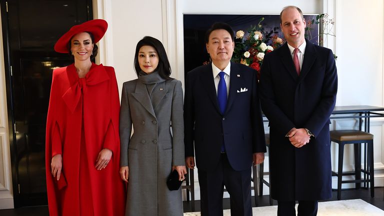 The Prince and Princess of Wales (left and right) greet President of South Korea Yoon Suk Yeol and his wife Kim Keon Hee (centre) 