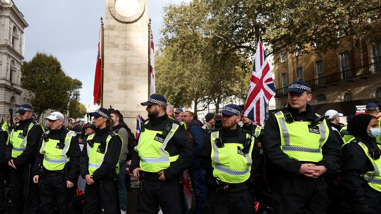 Police officers guard the Cenotaph during a pro-Palestinian protest last month
