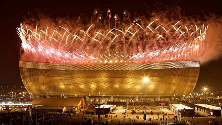 FILE PHOTO: Soccer Football - FIFA World Cup Qatar 2022 - Final - Argentina v France - Lusail Stadium, Lusail, Qatar - December 18, 2022 General view of a pyrotechnic display pictured from outside the stadium after the match REUTERS/Hamad I Mohammed TPX IMAGES OF THE DAY/File Photo