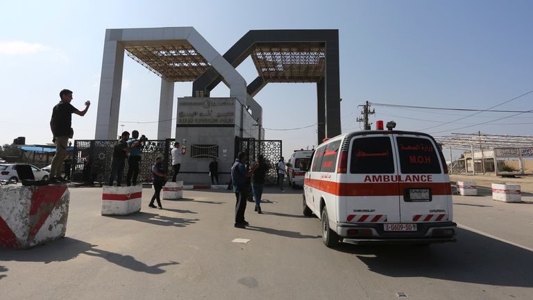 Palestinian ambulances with people wounded in the Israeli bombing of the Gaza Strip arrive at the border crossing with Egypt on Wednesday, Nov. 1, 2023. (AP Photo/Hatem Ali)