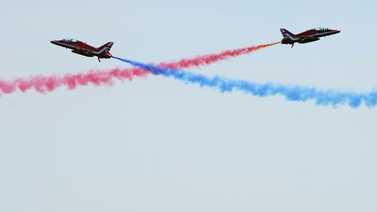 The RAF Red Arrows display team perform over the sea at the Bournemouth Air Festival in Dorset. Picture date: Sunday September 3, 2023.
Read less