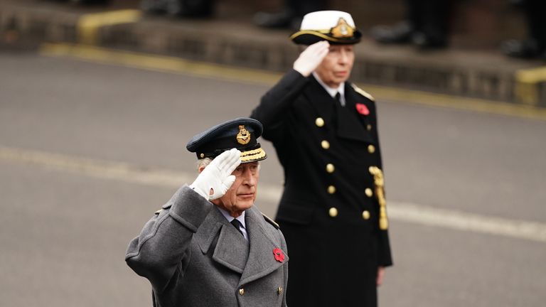 King Charles III during the Remembrance Sunday service at the Cenotaph, in Whitehall, London. Picture date: Sunday November 12, 2023.