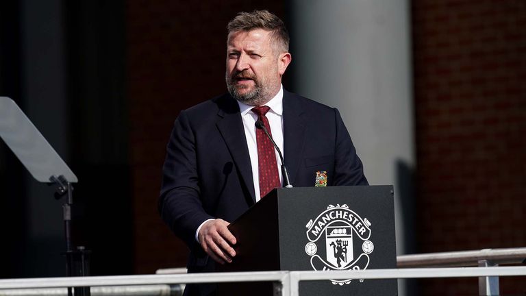 Manchester United Chief Executive Officer Richard Arnold speaks as a new statue of former Manchester United player Jimmy Murphy, designed by sculptor Alan Herriot, is unveiled outside the Stretford End at Old Trafford, Manchester. Picture date: Wednesday May 3, 2023.