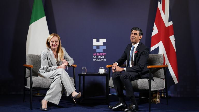 Prime Minister Rishi Sunak meets with Italy&#39;s Prime Minister Giorgia Meloni during the AI safety summit, the first global summit on the safe use of artificial intelligence, at Bletchley Park in Milton Keynes, Buckinghamshire. Picture date: Thursday November 2, 2023.
