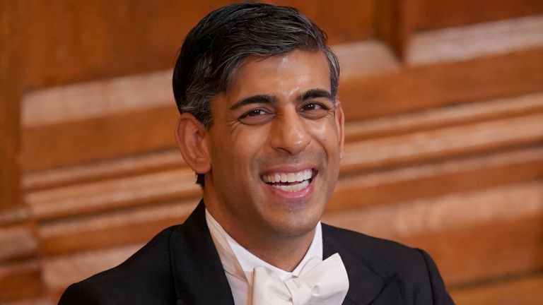Prime Minister Rishi Sunak laughs while listening to The Archbishop of Canterbury Justin Welby speak at the annual Lord Mayor&#39;s Banquet at the Guildhall in central London. Picture date: Monday November 13, 2023. PA Photo. Photo credit should read: Yui Mok/PA Wire