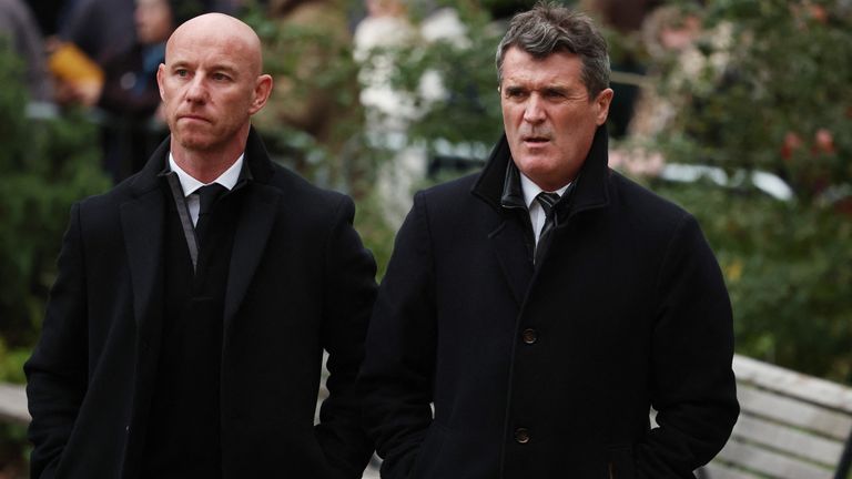 Former Manchester United players Nicky Butt and Roy Keane arrive at Manchester Cathedral