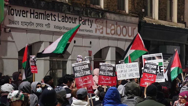 Protest outside the office of the Tower Hamlets Labour Party in Bethnal Green, London, in an area represented by Labour MP Rushanara Ali, in protest at Labours stance on the Israel-Hamas war. Picture date: Thursday November 16, 2023.