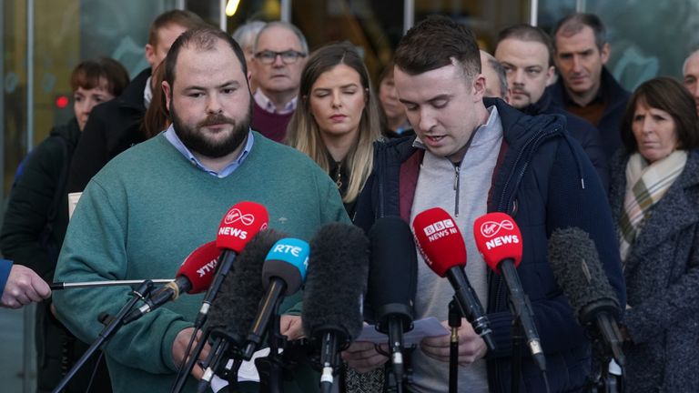 (L-R) Ms Murphy&#39;s brother Cathal, sister Amy and her boyfriend Ryan Casey speak to the media outside court