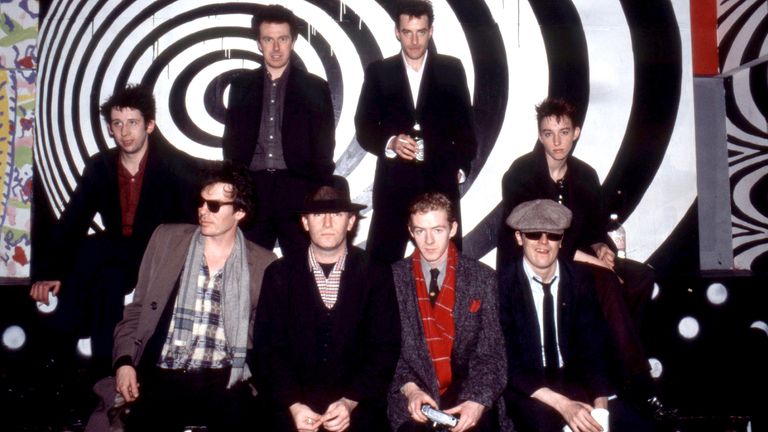The Pogues in 1985: Shane MacGowan, Andrew Ranken, Jem Finer, Terry Woods, James Fearley, Philip Chevron, Spider Stacy and Cait O&#39;Riordan. Pic: Everett/Shutterstock