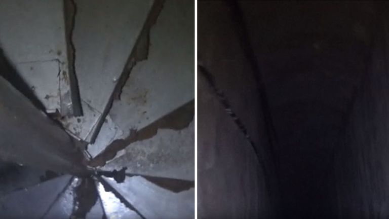 Screenshots taken from the IDF video show a spiral staircase on the left and a dark corridor with an arched ceiling