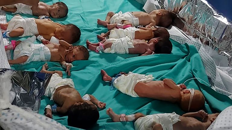This photo released by Dr. Marawan Abu Saada shows prematurely born Palestinian babies in Shifa Hospital in Gaza City on Sunday, Nov. 12, 2023. Gaza&#39;s Shifa Hospital has become the focus of a days-long stalemate in Israel&#39;s war against Hamas.(Dr. Marawan Abu Saada via AP)