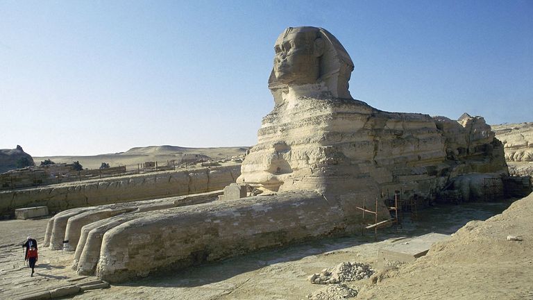Workmen on scaffolding restore and add new stones to the giant Sphinx to prevent further erosion and damages to the ancient structure, in Giza, Egypt, Dec. 27, 1979. (AP Photo/Bill Foley)


