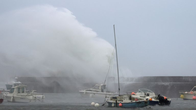 Waves crash against the breakwater of the port during Storm Ciaran at Goury near Cherbourg, Normandy, France, November 2, 2023. REUTERS/Pascal Rossignol
