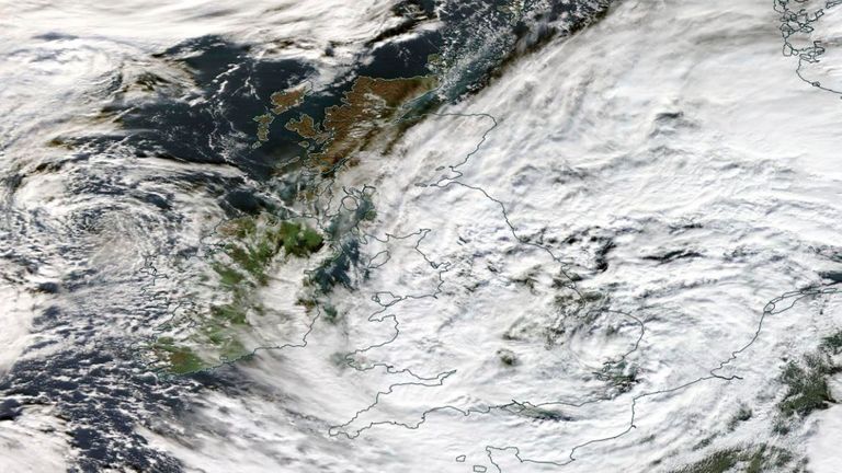 Satellite image shows Storm Ciaran dominating the majority of the UK 02/11/2023
Pic:NASA/Cover Images/AP