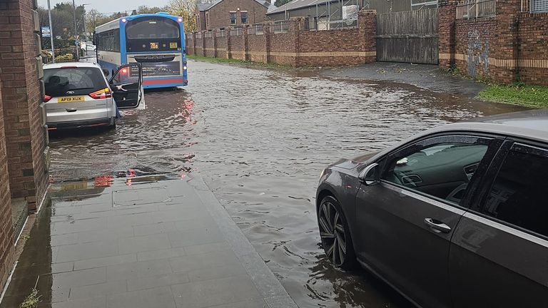 A flooded road in Coalisland Co Tyrone in Northern ireland as Storm Debi swept across the area