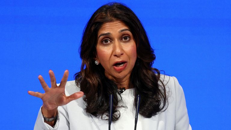 Britain&#39;s Home Secretary Suella Braverman speaks on stage at Britain&#39;s Conservative Party&#39;s annual conference in Manchester, Britain, October 3, 2023. REUTERS/Hannah McKay