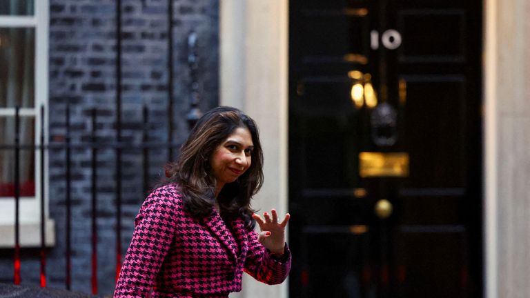 FILE PHOTO: Britain&#39;s Home Secretary Suella Braverman walks outside Number 10 Downing Street, in London, Britain, October 24, 2023. REUTERS/Hannah McKay/File Photo