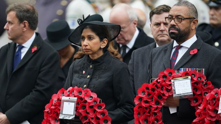 Home Secretary Suella Braverman holds a wreath during the Remembrance Sunday service at the Cenotaph, in Whitehall, London. Picture date: Sunday November 12, 2023.