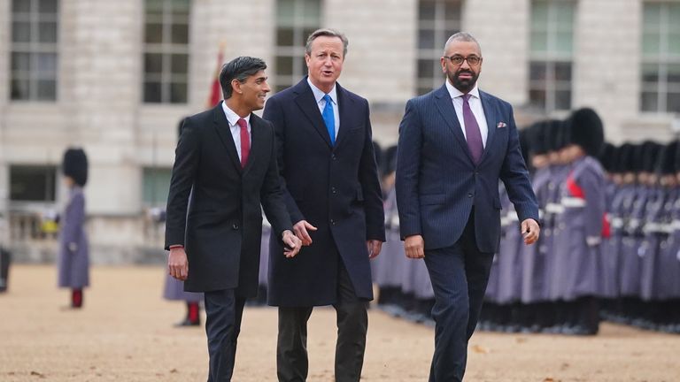 (Left to right) Prime Minister Rishi Sunak, Foreign Secretary Lord David Cameron and Home Secretary James Cleverly at the ceremonial welcome for President of South Korea, Yoon Suk Yeol, and his wife, Kim Keon Hee, at Horse Guards Parade, central London, on day one of the state visit to the UK. Picture date: Tuesday November 21, 2023.

